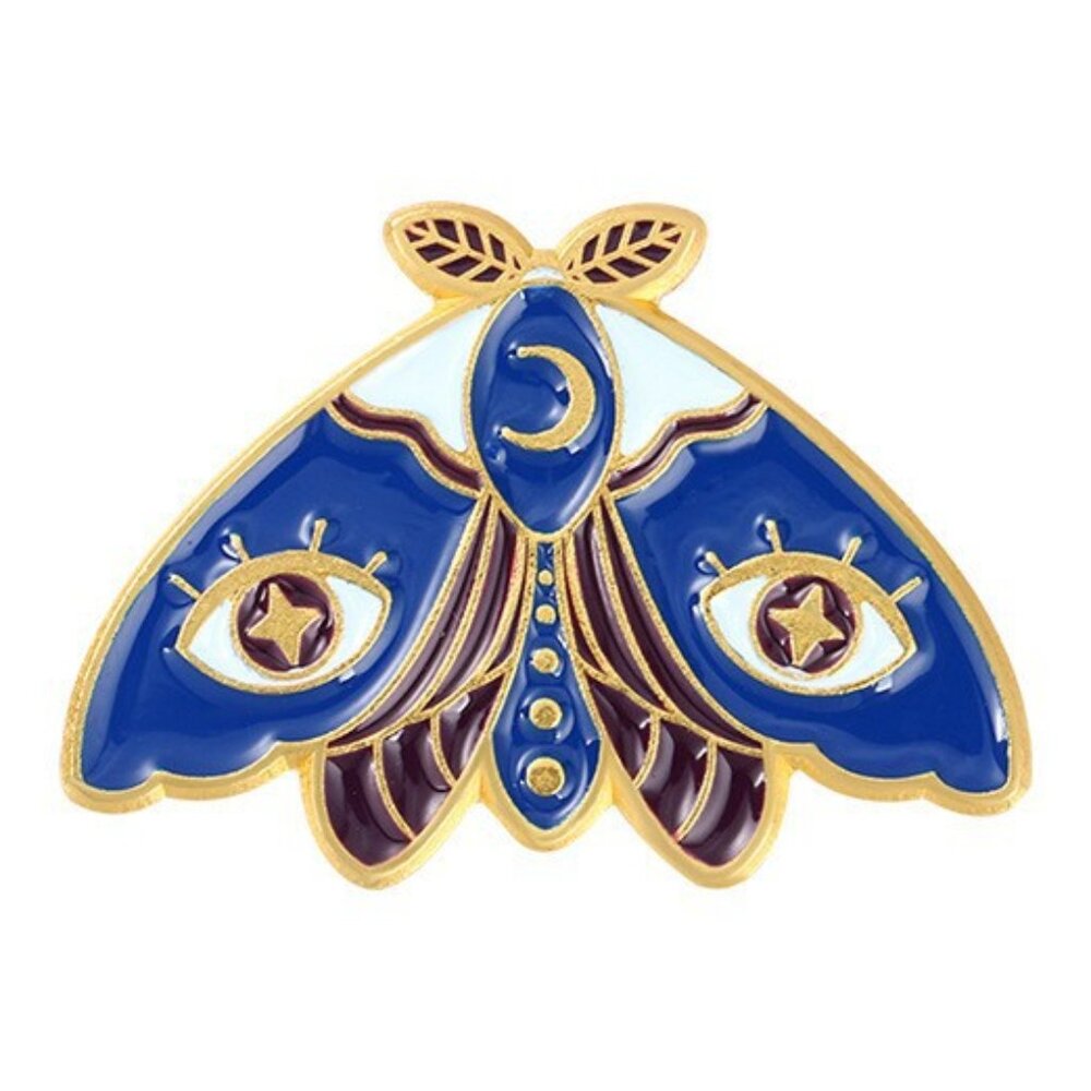 Blue Moth Brooch Pin – Gold-Toned Enamel Fashion Jewelry Statement Pin